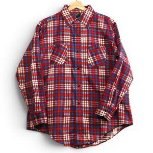 VTG‎ 1970s JCPenney Men's Flannel Shirt Large 16-16.5 Red Blue Plaid NOS